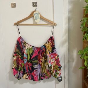 RACHEL ZOE TROPICAL OFF SHOULDER CROPPED RUFFLED FLORAL TOP BLOUSE LARGE